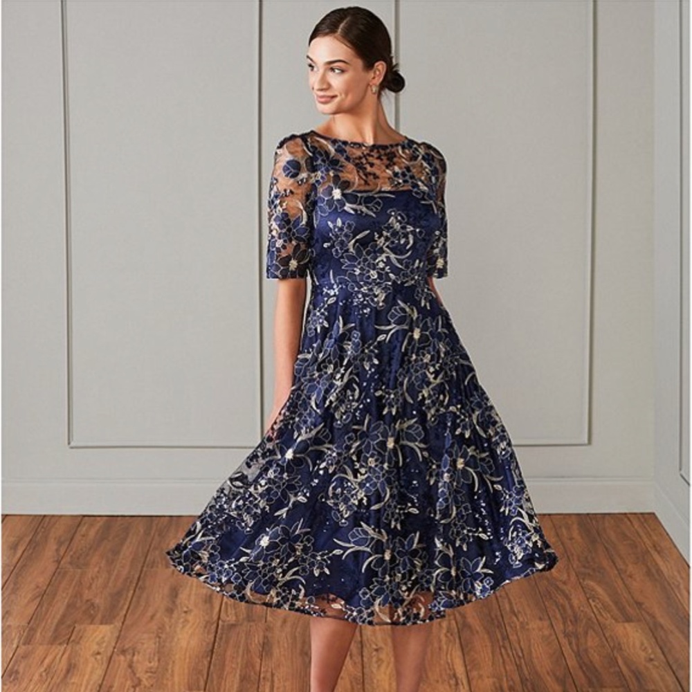 Eliza J: Sequin Floral Embroidery Fit & Flare Cocktail Midi Dress (NWOT)